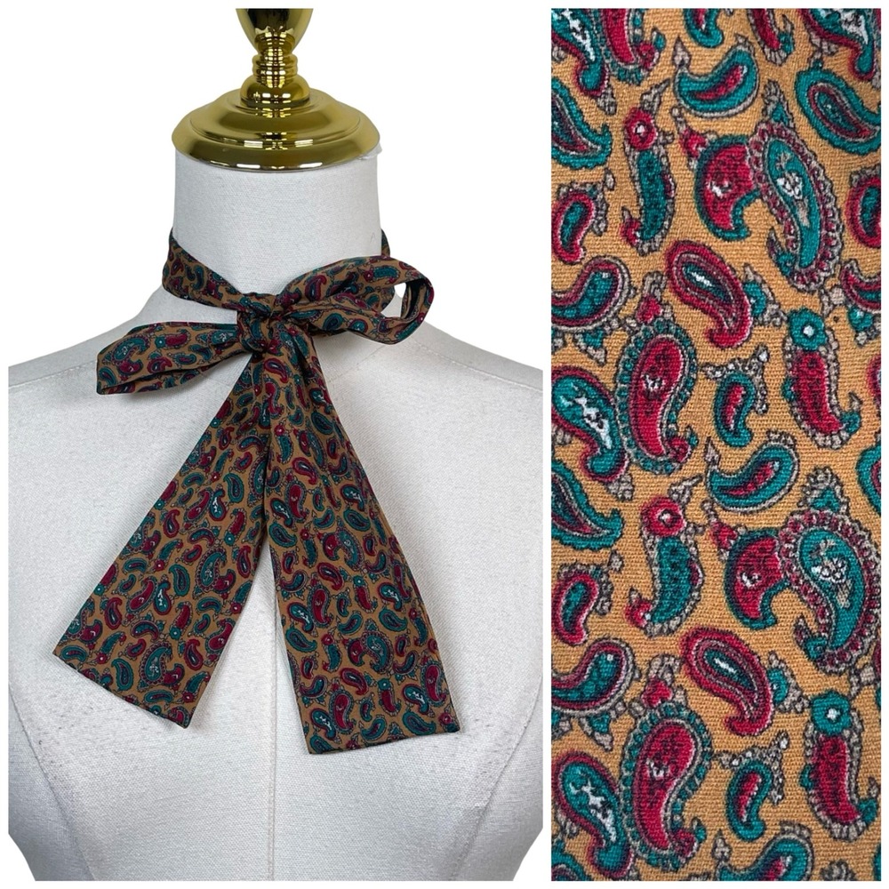 Vintage Paisley Necktie Skinny Scarf Hair Purse Women Brown Boho 70s Retro